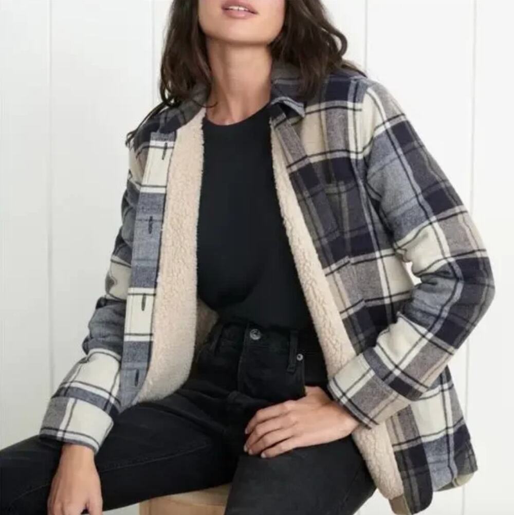 JENNI KAYNE Farmhouse Shearling Lined Chore Jacket Wool Navy Plaid Heritage